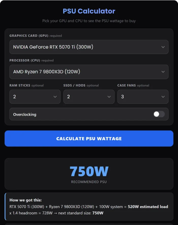 PSU Calculator: What Wattage Power Supply Do You Need? 1 PSU calculator showing recommended power supply wattage